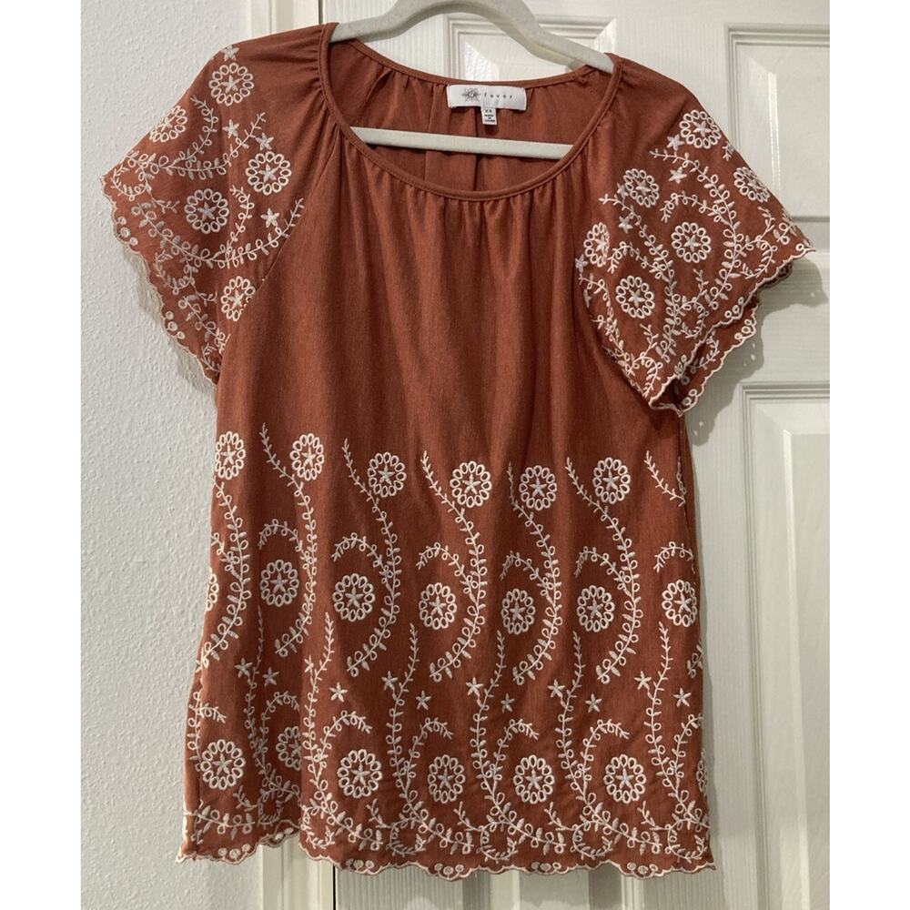 Fever Womens Henna Brown & White Floral Embroidered Top Scalloped Boho Size XS